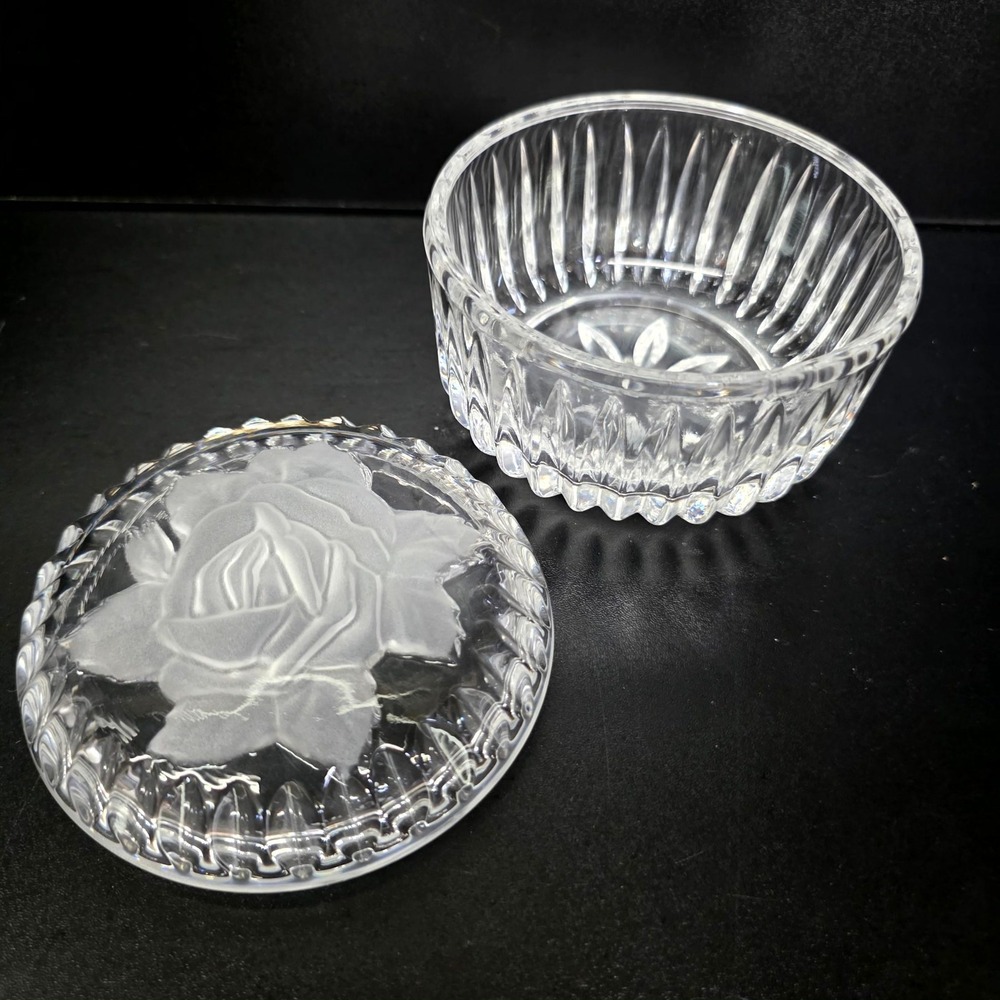 Crystal Trinket Box Clear Frosted Rose Lid Jewelry Dish Sunburst Base 3.5 Inch